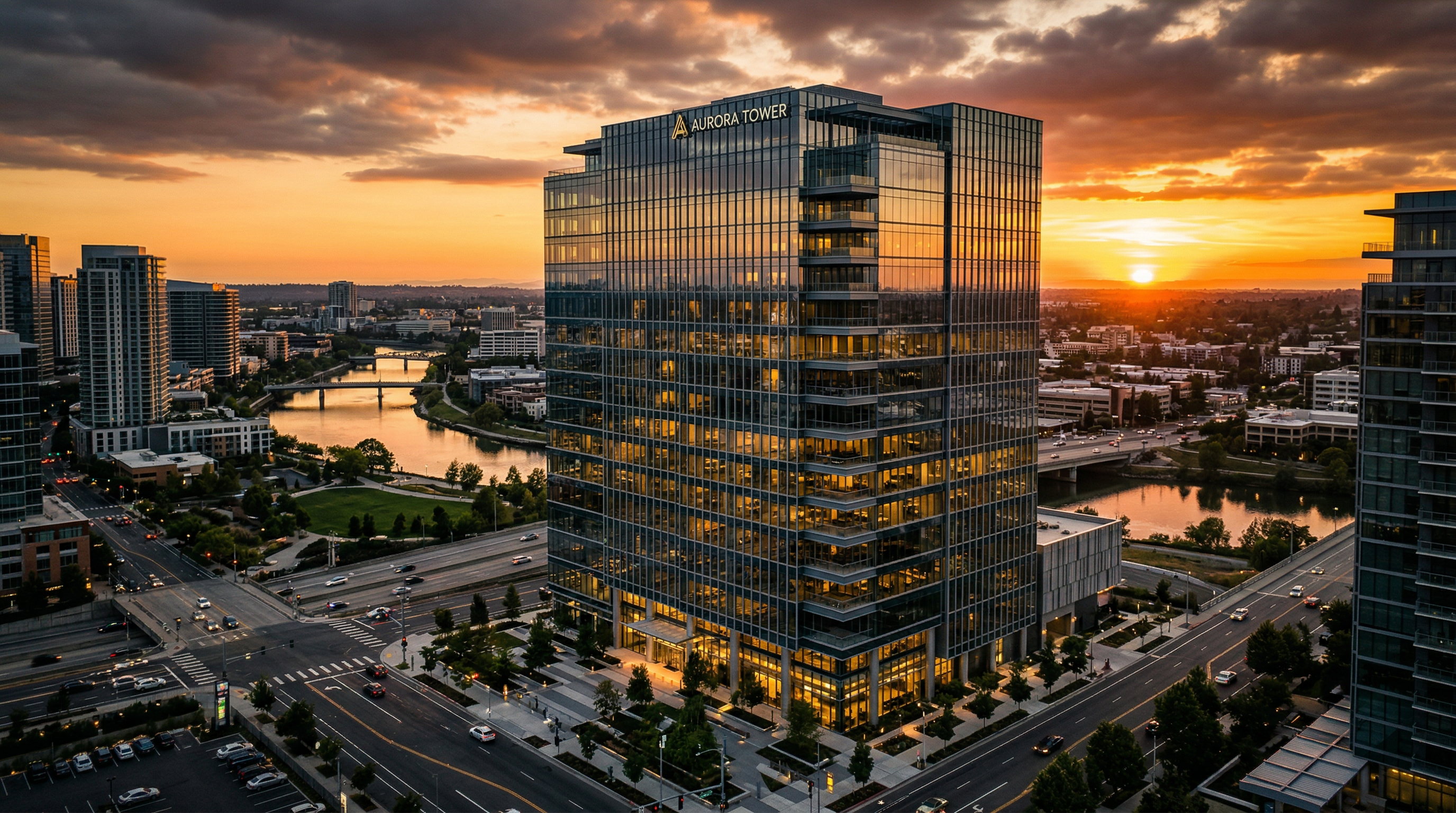 Modern sunlit commercial property with bright greenery